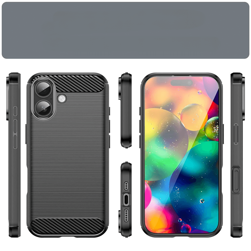 #farbe_schwarz|Die Cover-Discount iPhone 17 - Metall Carbon Look Hülle, eine schwarz strukturierte Silikonhülle, wird aus verschiedenen Blickwinkeln auf einem iPhone 17 mit einem leuchtenden, farbenfrohen Bildschirm gezeigt.