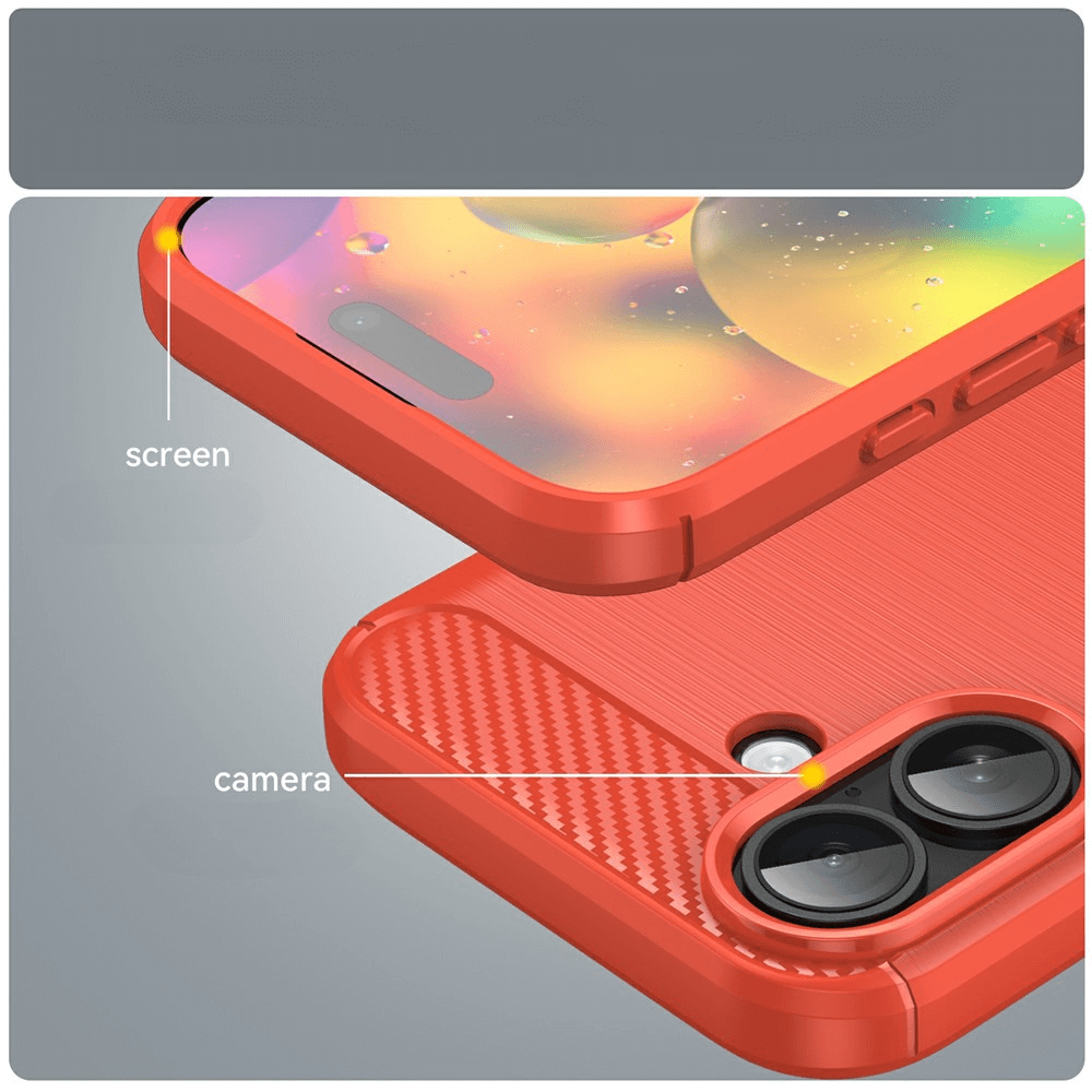 Die Cover-Discount iPhone 17 - Metall Carbon Look Hülle aus Silikon-Gummi schützt mit erhöhten Rändern Display und Kamera optimal.
