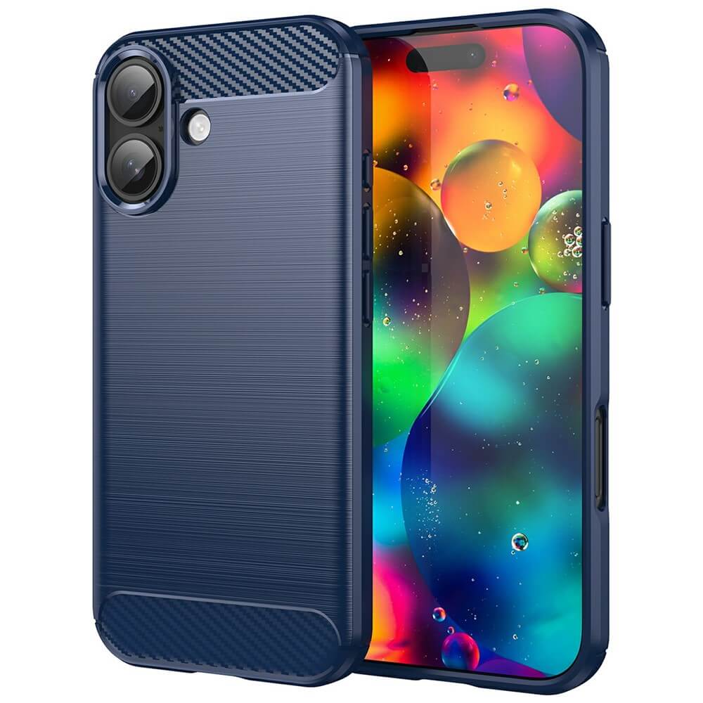 Das Cover-Discount iPhone 17 mit einer Hülle im Metall-Carbon-Look verfügt über zwei rückwärtige Kameras, ein brillantes Display und wird von einer stylischen Hülle geschützt.