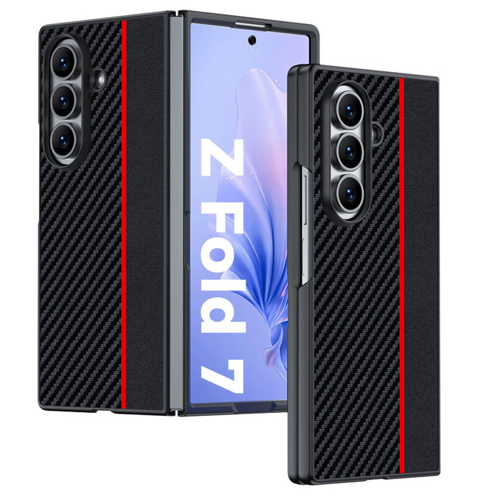 Das Galaxy Z Fold7, abgebildet in einem schwarzen LC.IMEEKE Hülle Carbon Fiber Gehäuse mit rotem Streifen, zeigt das Z Fold7 Display.