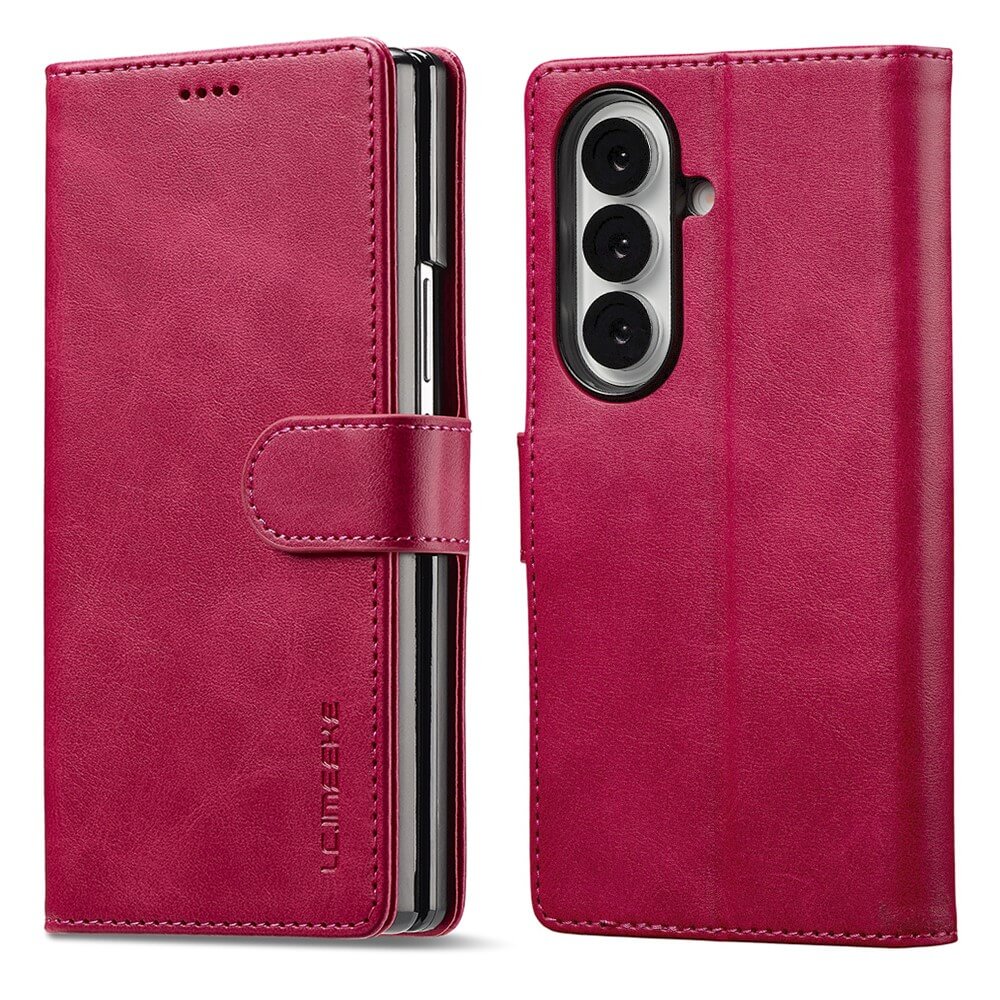Magenta LC.IMEEKE Leder Etui Hülle mit Magnetverschluss, offen und geschlossen gezeigt, passend für das Smartphone-Modell Galaxy Z Fold7.