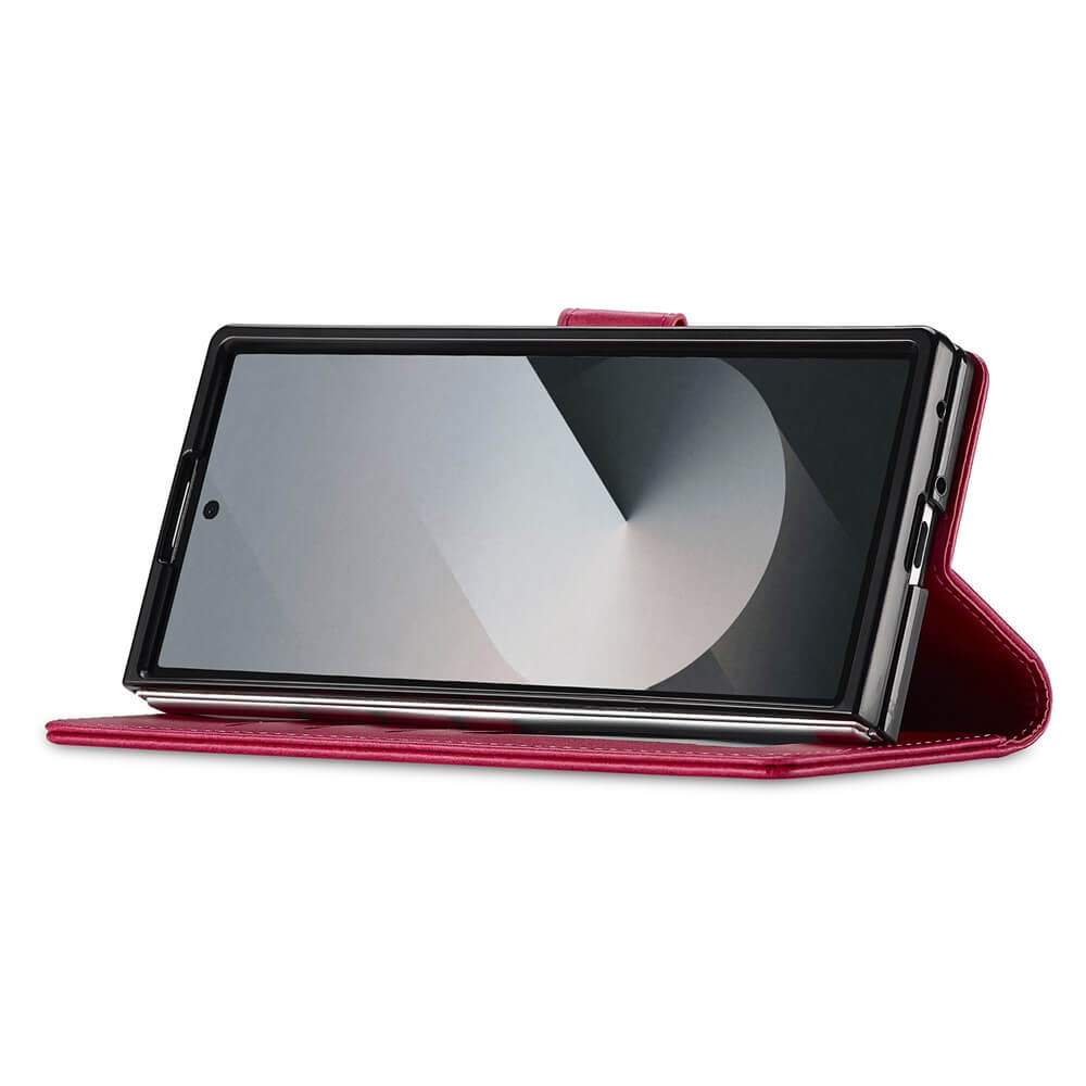 Ein Galaxy Z Fold7 in einer roten LC.IMEEKE Leder Etui Hülle, die wie ein Ständer waagerecht aufgestellt ist.