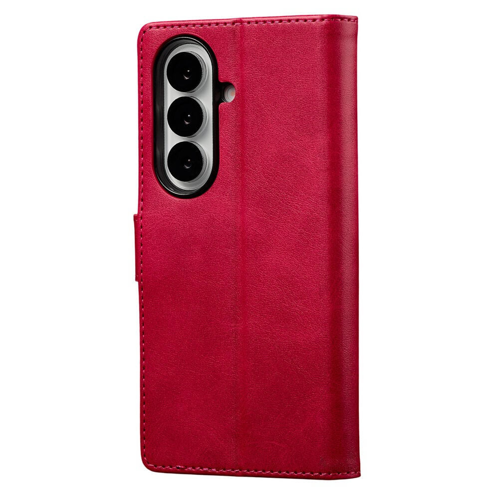 Die LC.IMEEKE Galaxy Z Fold7 Leder Etui Hülle ist eine rote Ledertasche mit drei Kameraausschnitten und einer aufklappbaren Abdeckung, die aufrecht vor einem weißen Hintergrund abgebildet ist.