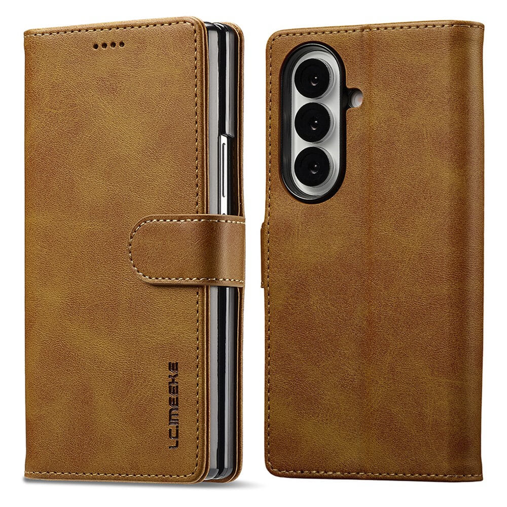 Die LC.IMEEKE Leder Etui Hülle für Galaxy Z Fold7 ist eine braune Ledertasche mit Magnetverschluss, die offen und geschlossen gezeigt wird und sowohl Stil als auch Schutz für Ihr Gerät bietet.