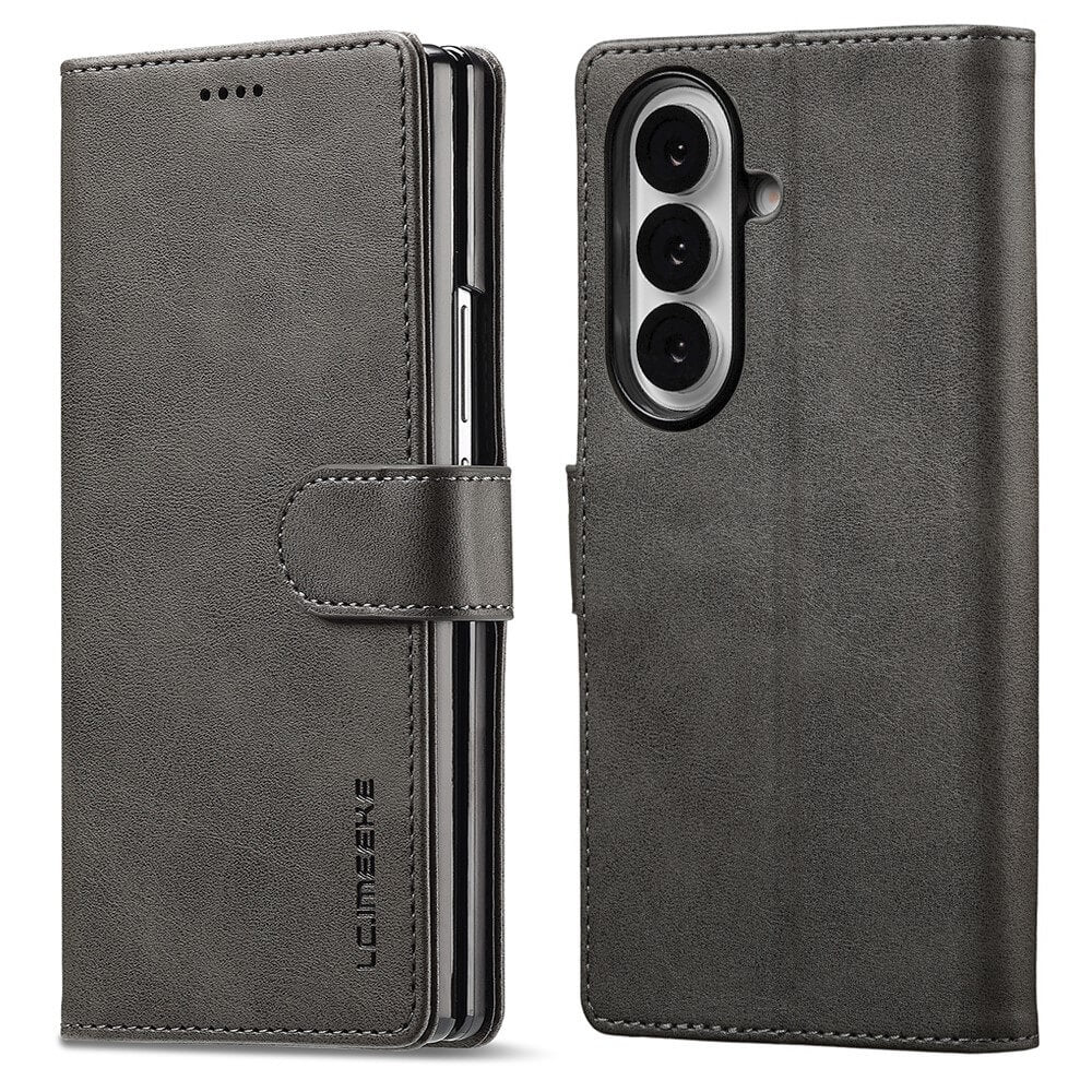 LC.IMEEKE Galaxy Z Fold7 Leder Etui Hülle in elegantem Kunstleder-Design, geöffnet und geschlossen, mit Magnetverschluss und drei Kameraaussparungen-bietet stilvollen Schutz für Ihr Smartphone.