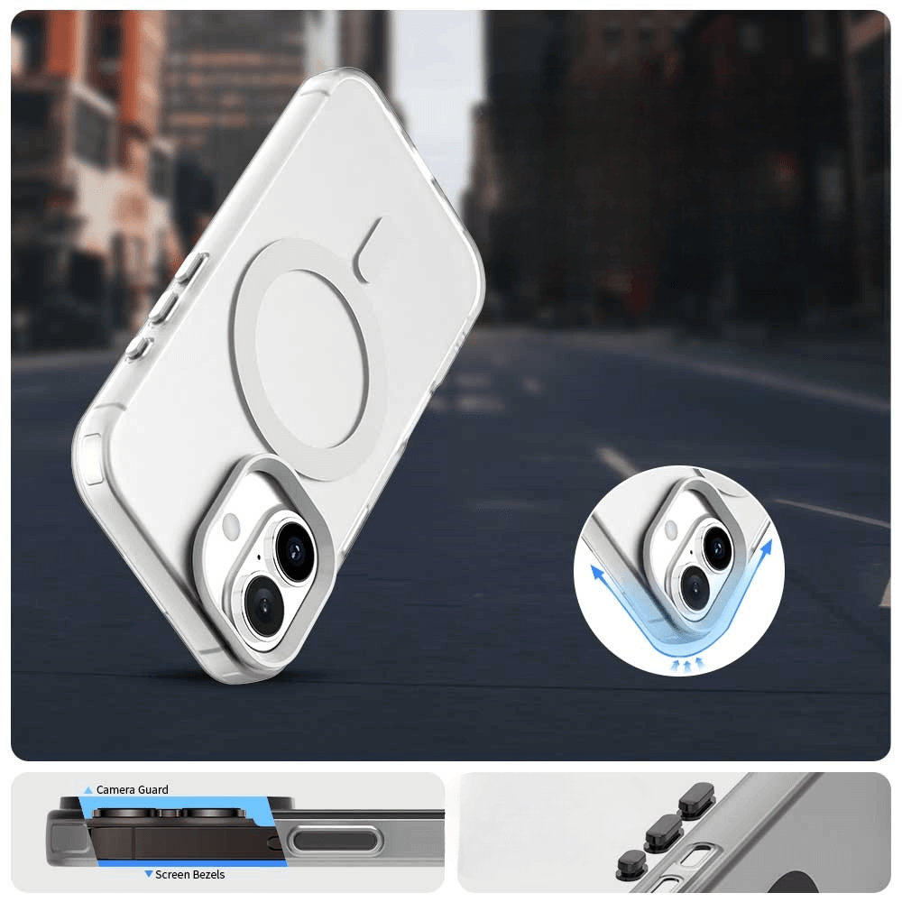 Die iPhone 17 Acryl-Handyhülle mit Magnet und Farbakzent von Cover-Discount wird in detaillierten Nahaufnahmen als schützende Hülle mit Kamera-Schutz und erhöhtem Screen-Bezel gezeigt.