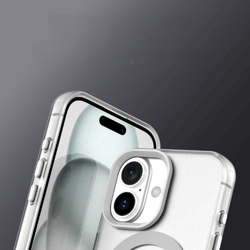 Nahaufnahme des iPhone 17 in der Cover-Discount Acryl-Handyhülle mit Magnet und Farbakzent vor einem dunklen Farbverlauf, der das schlanke Design und den zuverlässigen Schutz hervorhebt.