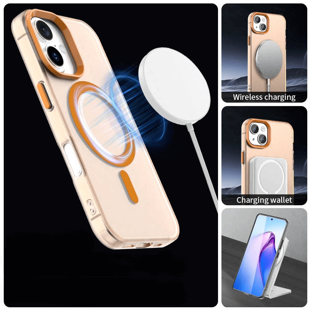 Die Cover-Discount iPhone 17 Acryl-Handyhülle mit Magnet und Farbakzent schützt Ihr Handy, unterstützt kabelloses Laden sowie Wallet- und Standfunktion, dargestellt in vier Panels.
