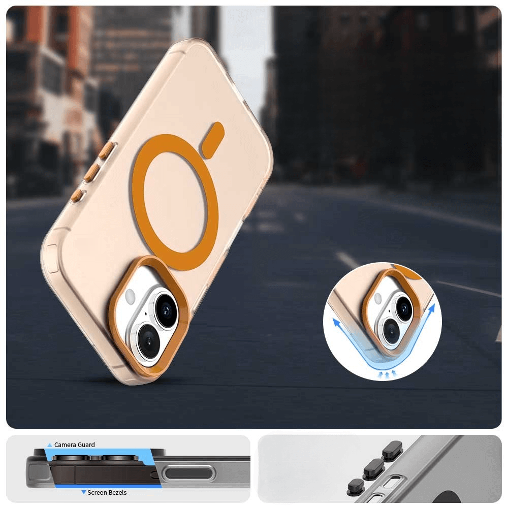 Die Cover-Discount iPhone 17 Acryl-Handyhülle mit Magnet und Farbakzent bietet Schutz dank Kameraschutz, präziser Tasten und erhöhtem Displayrand. Schickes Design mit orangem Ring für optimalen Style und Sicherheit.