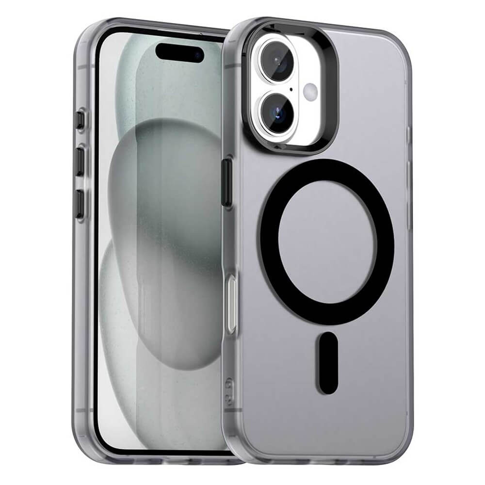 Die Cover-Discount iPhone 17 Acryl-Handyhülle mit Magnet und Farbakzent, hier mit schwarzem MagSafe-Ring, ist auf einem iPhone mit grauem und weißem Display abgebildet.