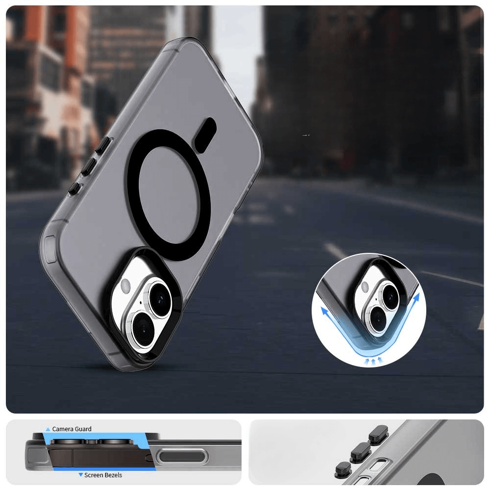 Die Cover-Discount iPhone 17 Acryl-Handyhülle mit Magnet und Farbakzent schützt mit Kamera-Schutz, erhöhten Rändern und stilvollem Akzent - perfekt präsentiert vor einer unscharfen Großstadtkulisse.