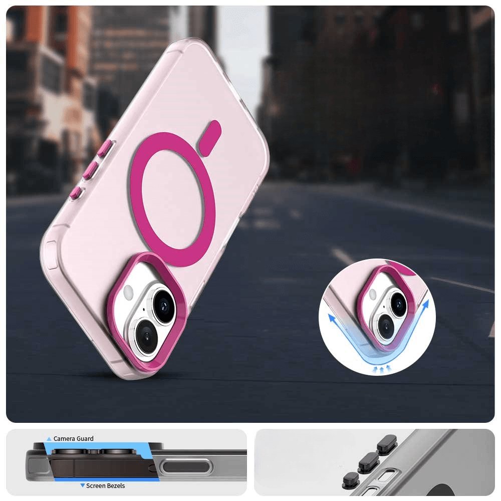 Die Cover-Discount iPhone 17 Acryl-Handyhülle mit Magnet und Farbakzent bietet kreisförmiges MagSafe-Design, erhöhten Kameraschutz und schützende Button-Cover.