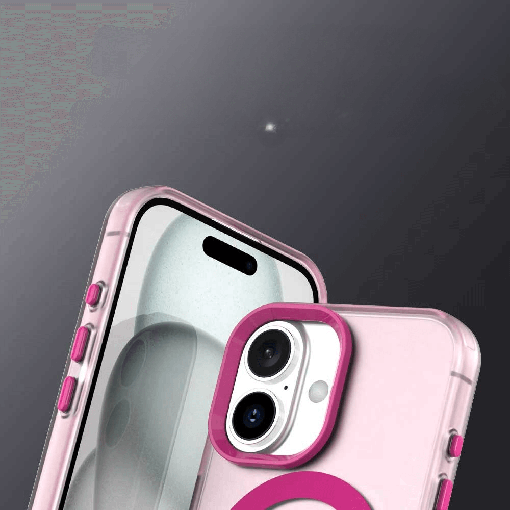 Nahaufnahme der Cover-Discount iPhone 17 - Acryl-Handyhülle mit Magnet und Farbakzent in pink/klar, die Ihr Dual-Kamera-Smartphone stilvoll vor einem grauen Hintergrund schützt.