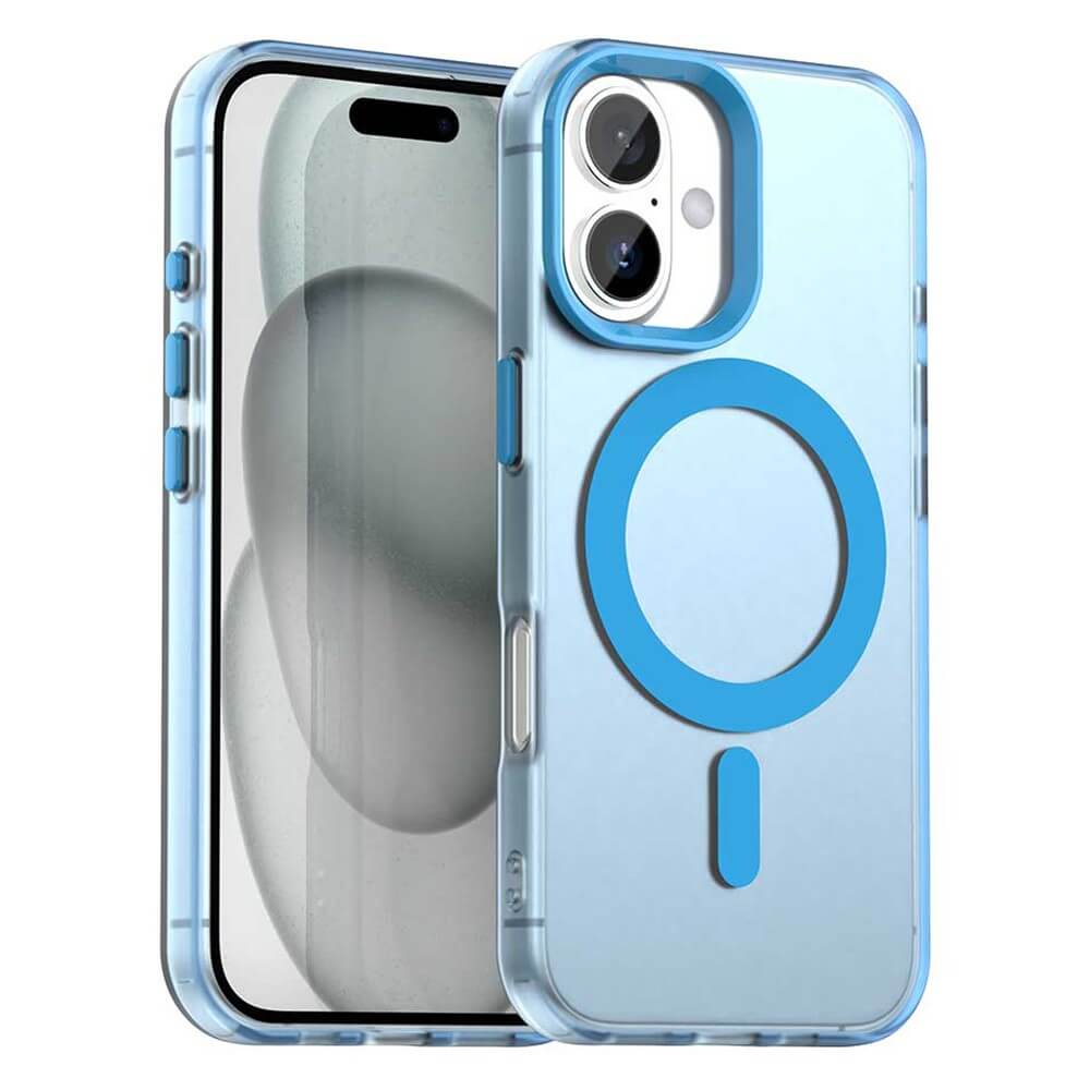 Die Cover-Discount iPhone 17 - Acryl-Handyhülle mit Magnet und Farbakzent schützt Dein iPhone mit Dual-Kamera. Sie verfügt über einen Magneten und einen sichtbaren MagSafe-Ring in Blau.