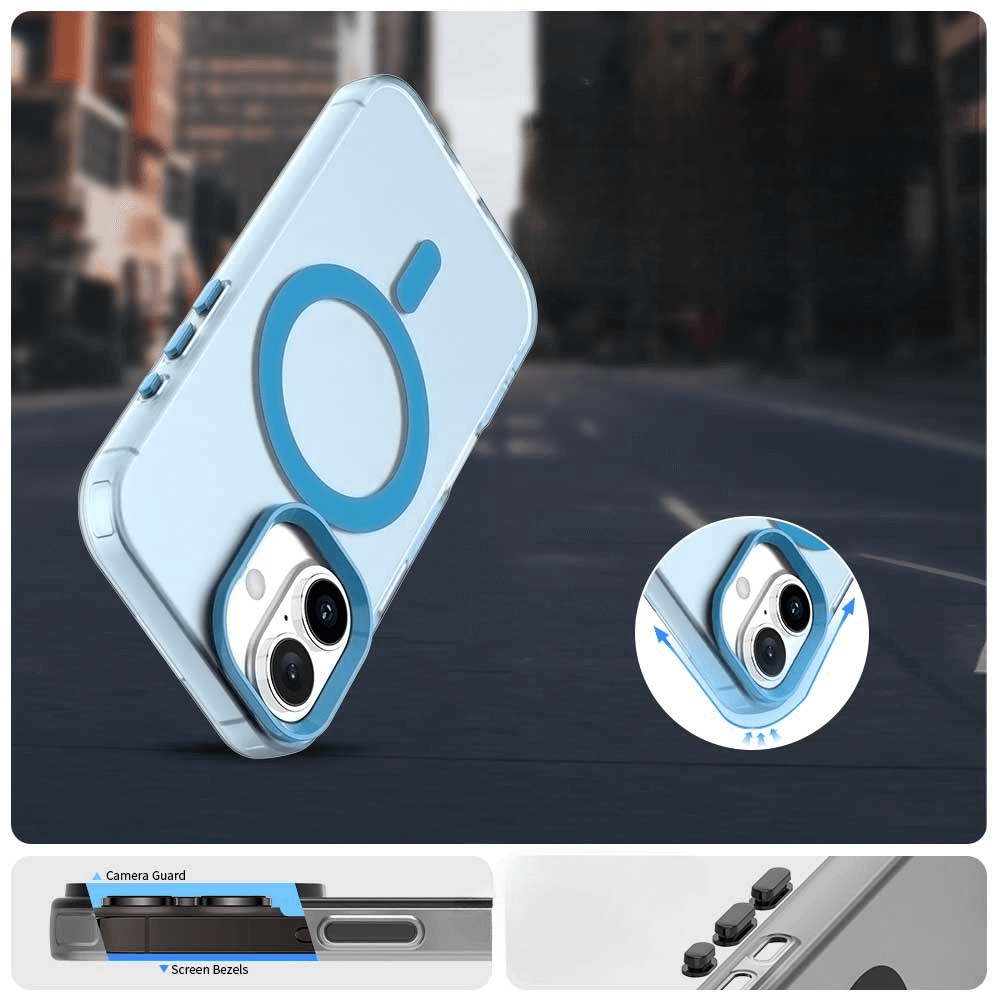 Die Cover-Discount iPhone 17 Acryl-Handyhülle mit Magnet und Farbakzent schützt Kamera und Display, bietet optimalen Schutz im schlanken Design - in Blau und Transparent.