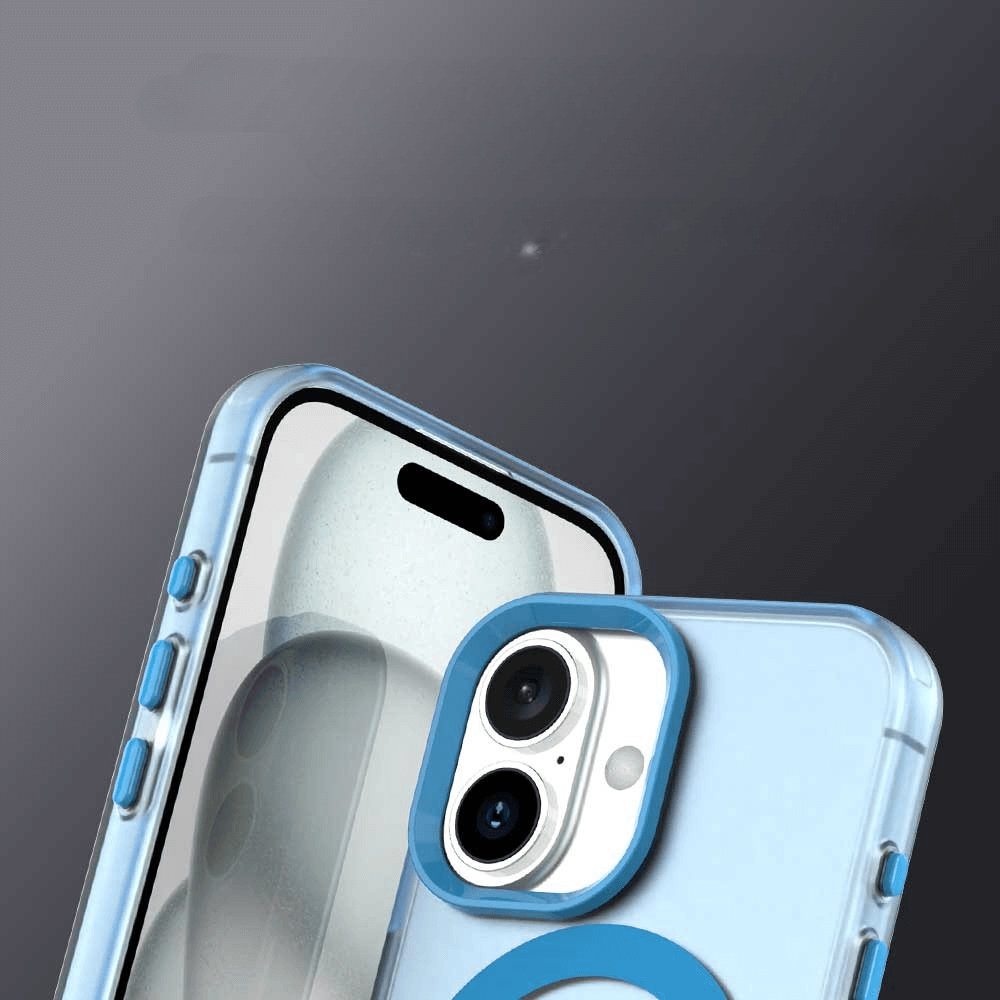 Nahaufnahme der Cover-Discount iPhone 17 - Acryl-Handyhülle mit Magnet und Farbakzent, die das blaue und klare Design, den Kameraausschnitt und den MagSafe-Ring für stilvollen Schutz zeigt.