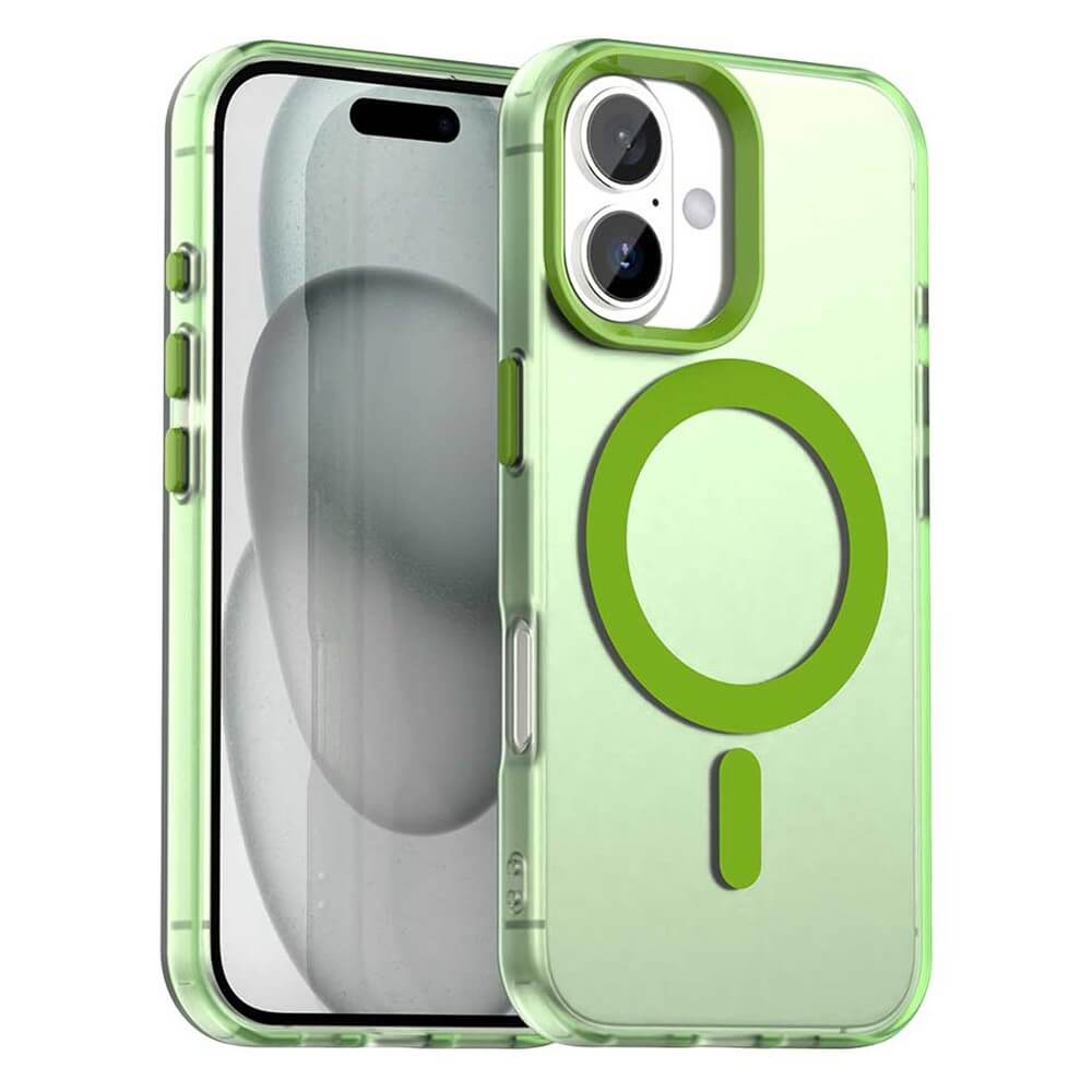 Die Cover-Discount iPhone 17 - Acryl-Handyhülle mit Magnet und Farbakzent bietet ein klares grünes Design, Kameraausschnitt und sichtbaren Magnetkreis - eine schützende Hülle, die Stil und Funktion vereint.