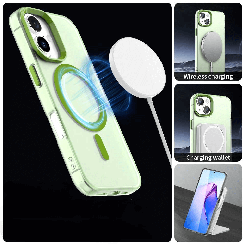 Die Cover-Discount iPhone 17 - Acryl-Handyhülle mit Magnet und Farbakzent in Grün ist mit einem MagSafe-Ring ausgestattet und wird mit einem kabellosen Ladegerät, einem Aufsatz für die Brieftasche und einem Ständer für das Telefon gezeigt, um eine vielseitige und stilvolle Nutzung zu ermöglichen.