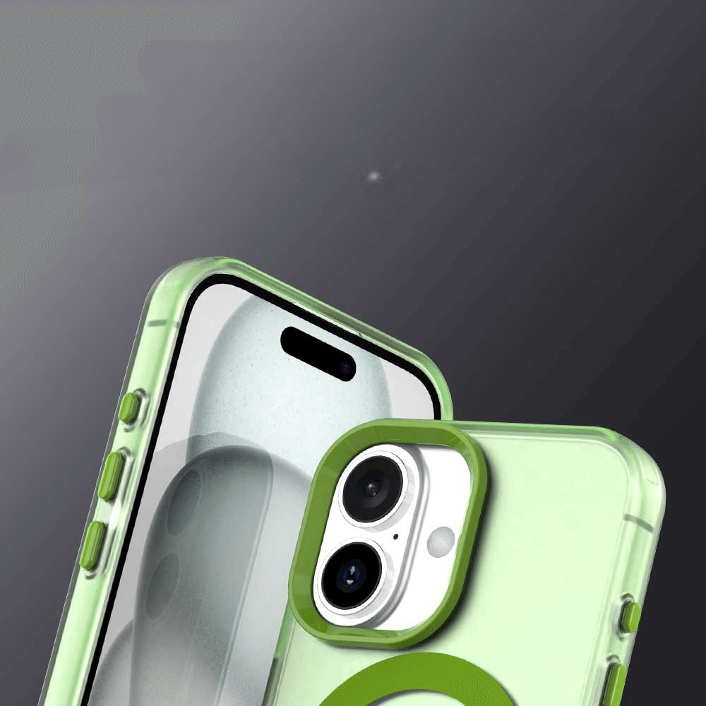 Die Cover-Discount iPhone 17 Acryl-Handyhülle mit Magnet und Farbakzent in grün-transparent schützt Smartphones mit Dual-Kameras, präsentiert vor dunklem Farbverlauf.