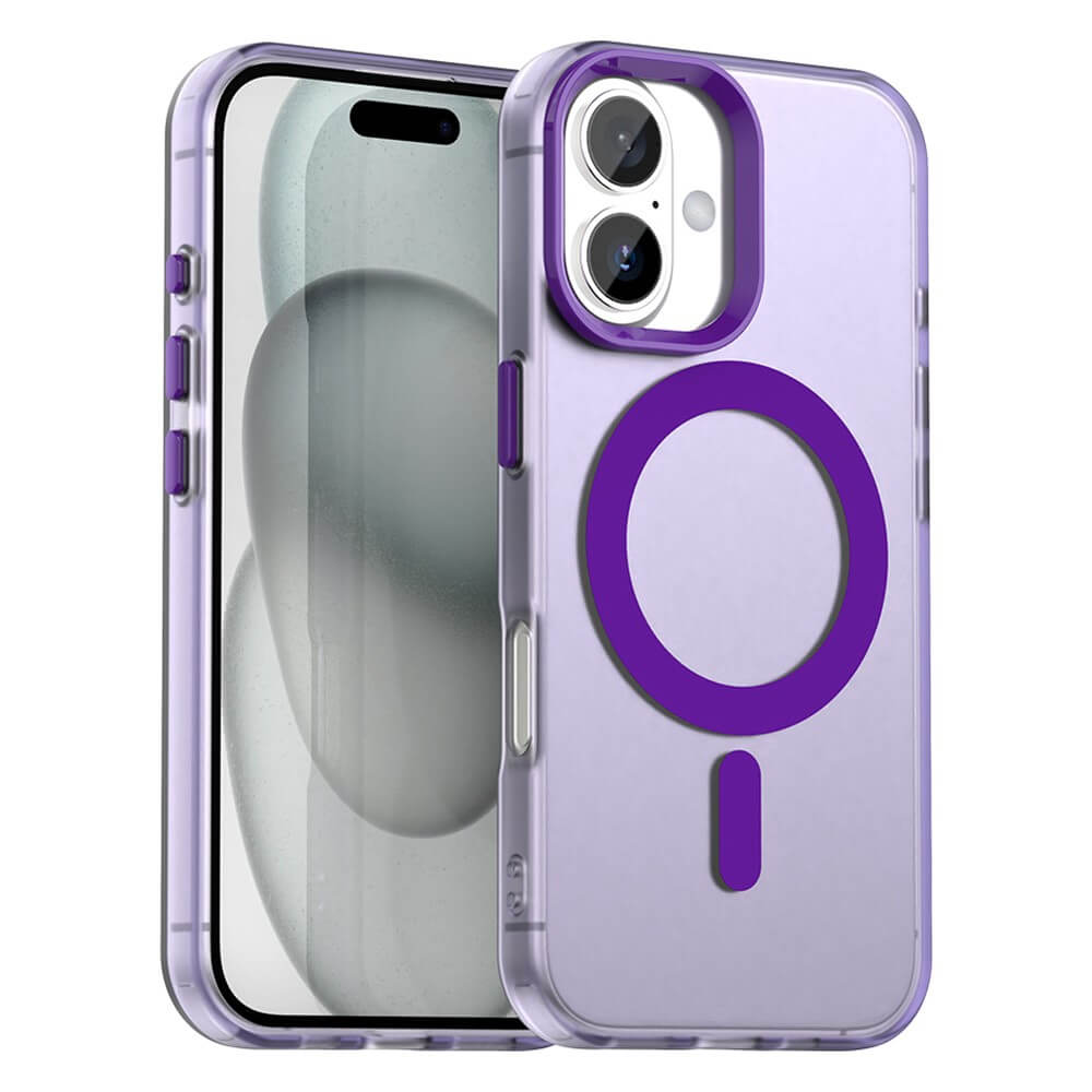 Die iPhone 17 - Acryl-Handyhülle mit Magnet und Farbakzent von Cover-Discount ist eine schützende, klare Handyhülle mit dunklem MagSafe-Ring und violettem Akzent, passend für das iPhone 17.