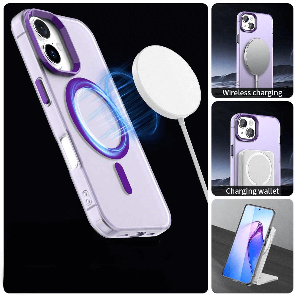 Die Cover-Discount iPhone 17 - Acryl-Handyhülle mit Magnet und Farbakzent in Lila verfügt über einen MagSafe-Ring zum kabellosen Aufladen, eine Brieftasche und einen Ständer - ideal für den vielseitigen, sicheren Schutz im Alltag.