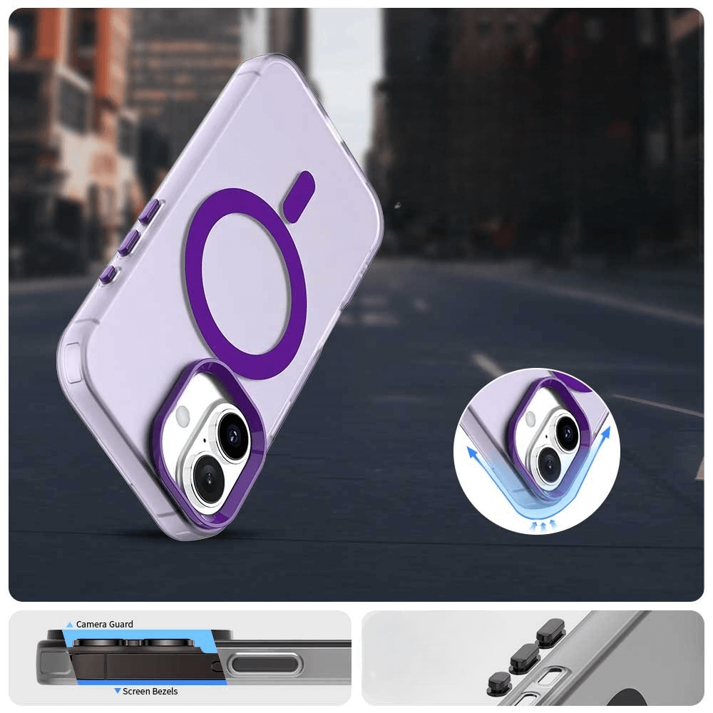 Die Cover-Discount iPhone 17 - Acryl-Handyhülle mit Magnet und Farbakzent in lila und klar bietet einen Kameraschutz, erhöhte Bildschirmränder und einen stilvollen Schutz für Ihr Gerät, wie auf einem iPhone 17 gezeigt.