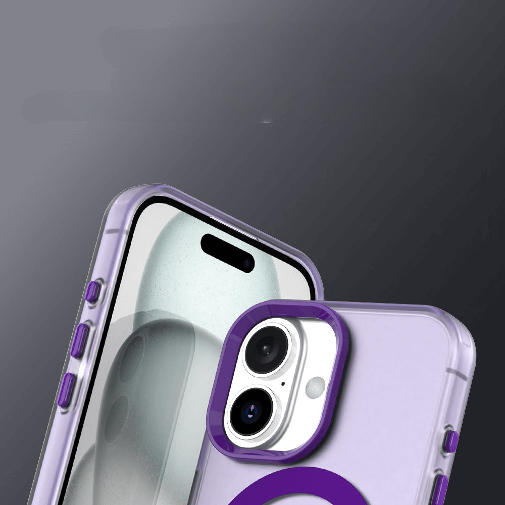 Nahaufnahme der Cover-Discount iPhone 17 - Acryl-Handyhülle mit Magnet und Farbakzent in lila und klar, vor einem dunklen Hintergrund mit Farbverlauf.