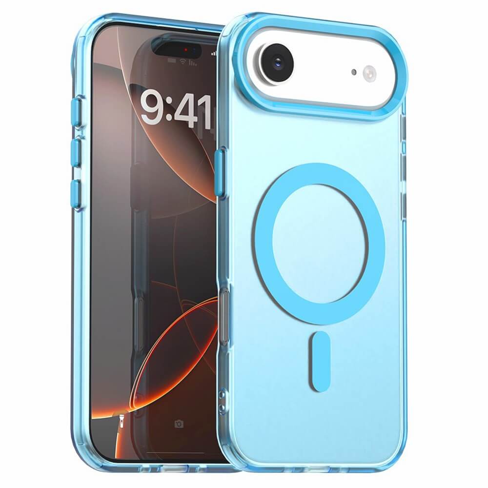 Ein iPhone 17 Air mit einer blauen Acryl-Handyhülle mit Magnet und Farbakzent von Cover-Discount, MagSafe-kompatibel und ideal für kabelloses Laden - vorne und hinten gezeigt.