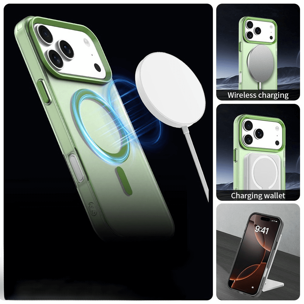 Die Cover-Discount iPhone 17 Pro - Acryl-Handyhülle mit Magnet und Farbakzent unterstützt kabelloses Laden, zeigt MagSafe-Kompatibilität und nutzbaren Charging Wallet. Stilvolles Design trifft auf nahtloses Wireless-Charging für dein Smartphone.