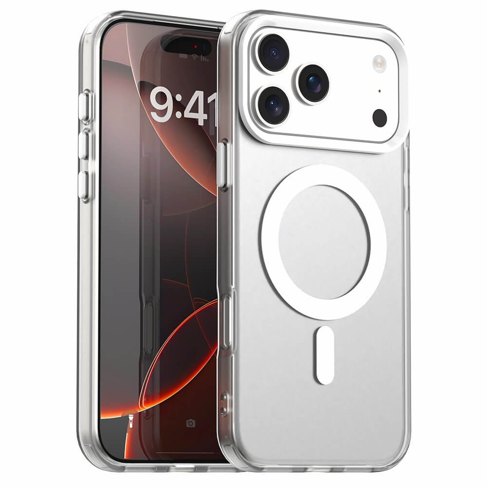 #farbe_weiss|Die Cover-Discount iPhone 17 Pro Max Acryl-Handyhülle mit Magnet und Farbakzent zeigt die Triple-Kamera, MagSafe-Ring, unterstützt kabelloses Laden und das Display zeigt 9:41 Uhr.