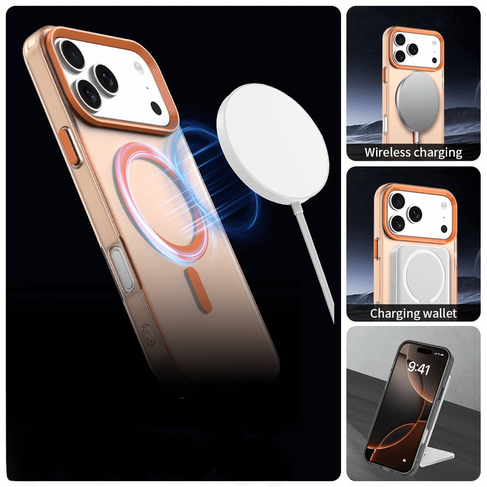 Collage mit der Cover-Discount iPhone 17 Pro Max Acryl-Handyhülle mit Magnet und Farbakzent - unterstützt kabelloses Laden, besitzt integriertes Portemonnaie und praktische Ständerfunktion.