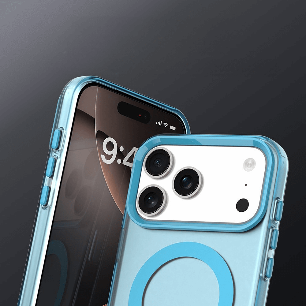 Zwei Smartphones in Cover-Discount iPhone 17 Pro Max Acryl-Handyhülle mit Magnet und Farbakzent, kompatibel mit MagSafe und kabellosem Laden - Vorderdisplay und Rückkameras sichtbar.