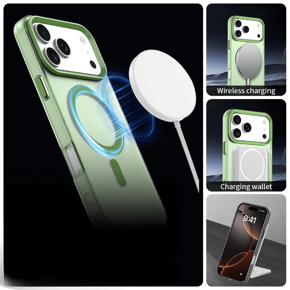 Die Cover-Discount iPhone 17 Pro Max Acryl-Handyhülle mit Magnet und Farbakzent zeigt kabelloses Laden und Wallet-Funktion in drei kleinen Bildern.