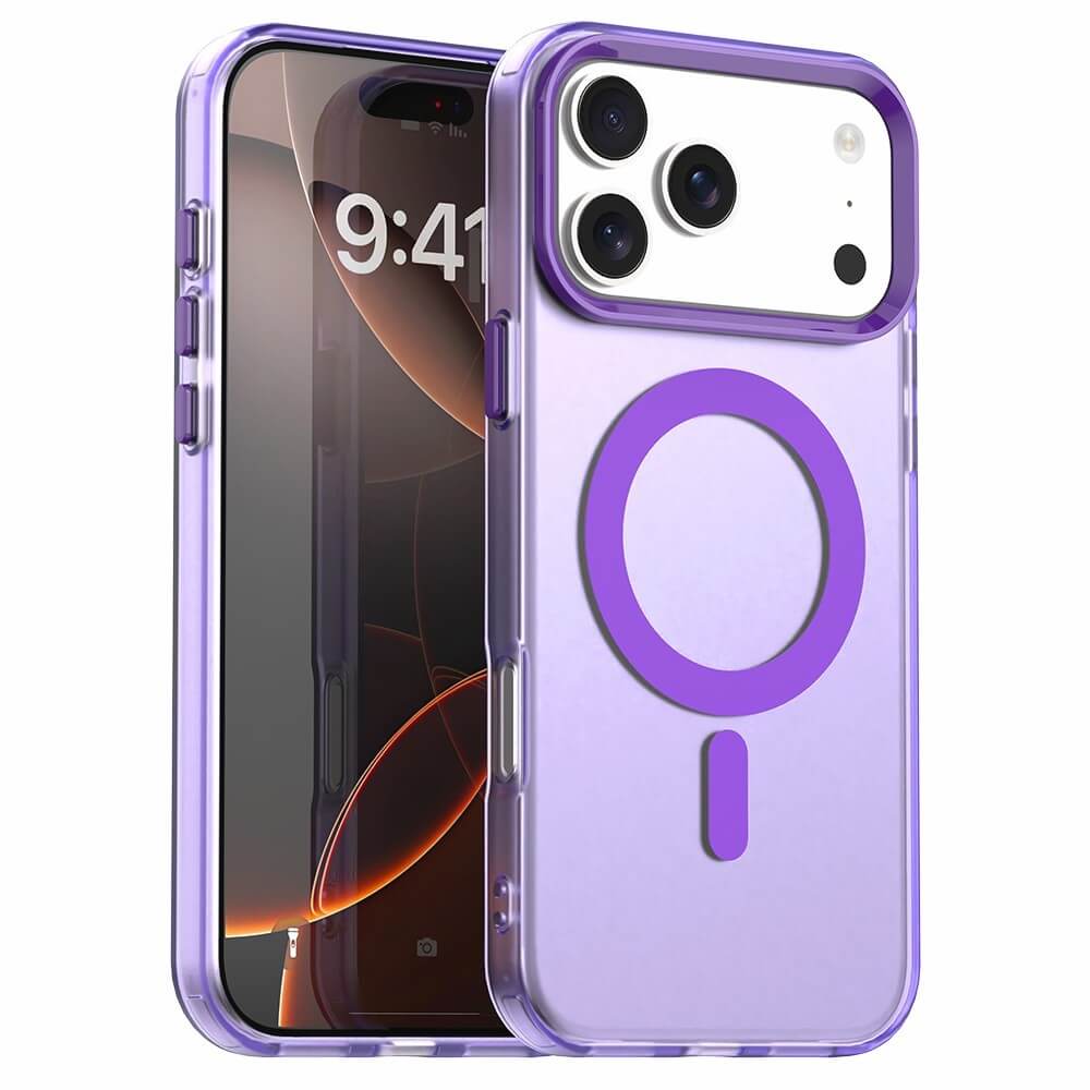 Transparente lila iPhone 17 Pro Max Acryl-Handyhülle mit Magnet und Farbakzent von Cover-Discount, MagSafe-kompatibel und unterstützt kabelloses Laden - abgebildet auf einem Handy mit Uhrzeit 9:41.