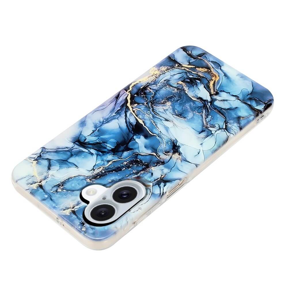 Die Cover-Discount iPhone 17 - Silikon Hülle mit Marble Motiv zeigt ein blaues Marmormuster mit schwarzer und goldener Äderung und bietet elegantes Design und zuverlässigen Schutz für Ihr Gerät.
