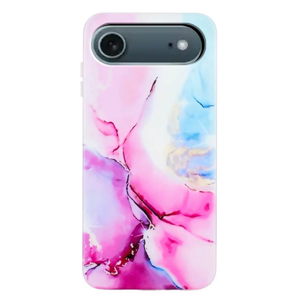 #farbe_rosa|Die iPhone 17 Air Silikon Hülle mit Marmor Motiv von Cover-Discount präsentiert ein pink-lila-blaues Marmor-Design, modern und farbenfroh, in einer Rückansicht fotografiert.