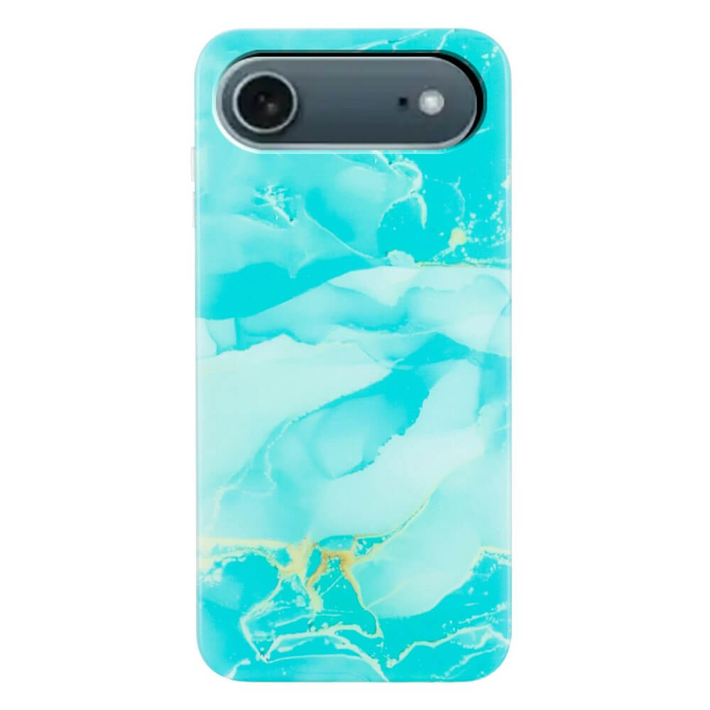 Die Cover-Discount iPhone 17 Air Silikon Hülle mit Marble Motiv zeigt ein türkisfarbenes Marmordesign mit hellblauen und goldenen Äderungen und verleiht Ihrem Telefon Stil und Schutz. Perfekte Passform für das iPhone 17.