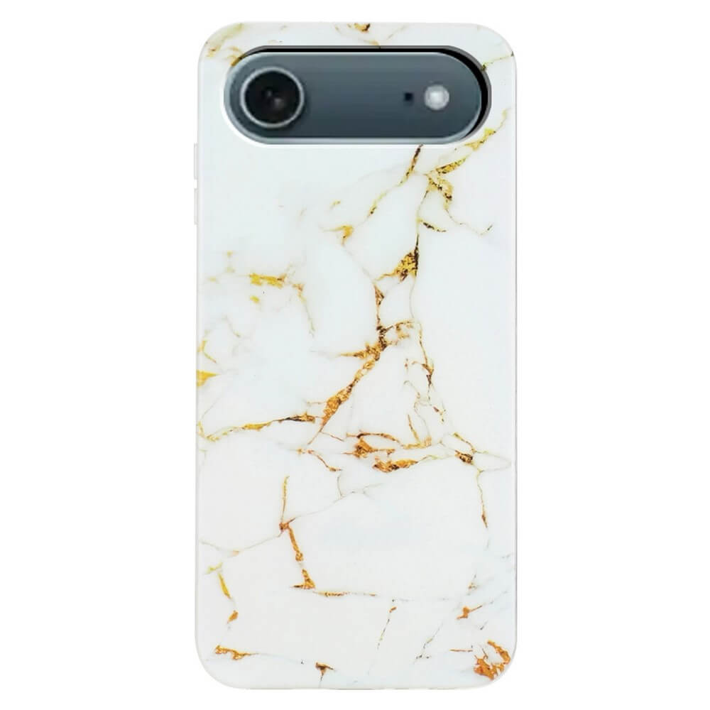 Die Cover-Discount iPhone 17 Air Silikon Hülle beeindruckt mit weißem Marmor Motiv in Gold - passgenau für dein Smartphone.