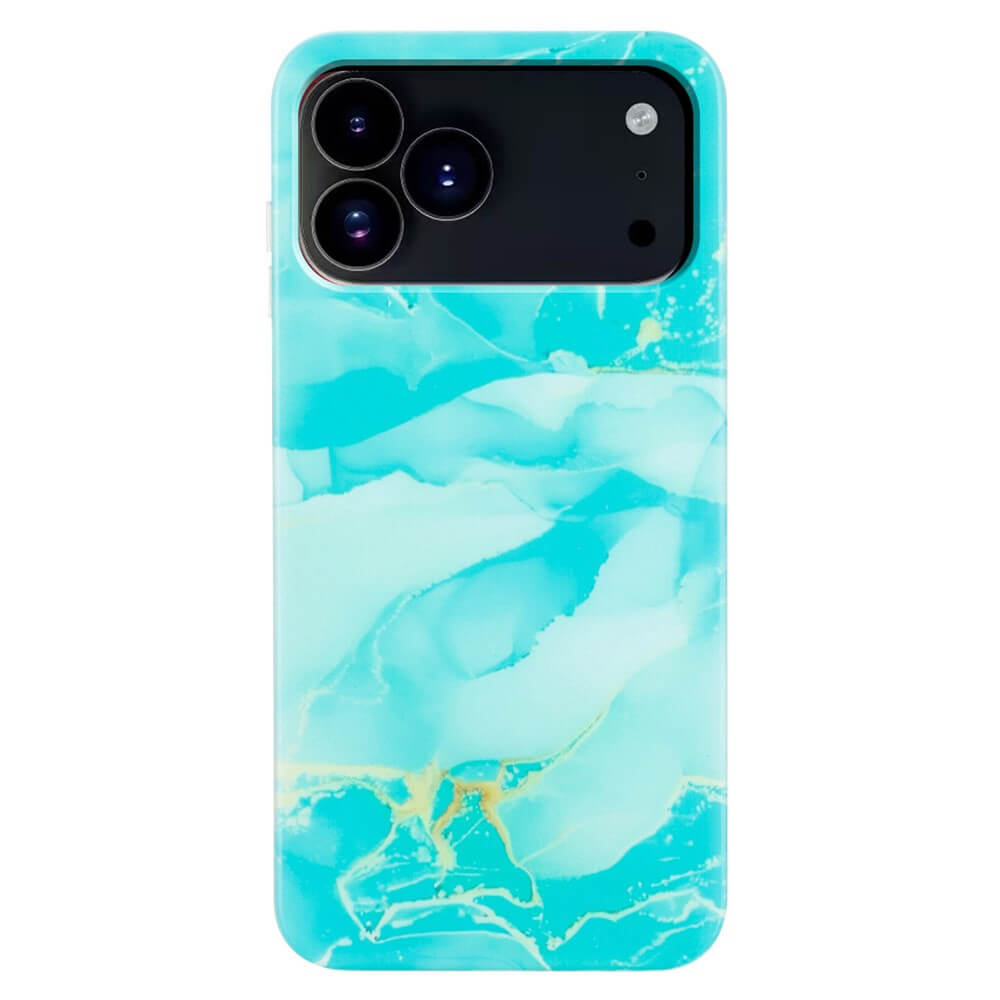 Die Cover-Discount iPhone 17 Pro Max Silikon Hülle mit Marble Motiv bietet ein stilvolles Design in Türkis und Hellblau mit eleganten goldenen Akzenten.