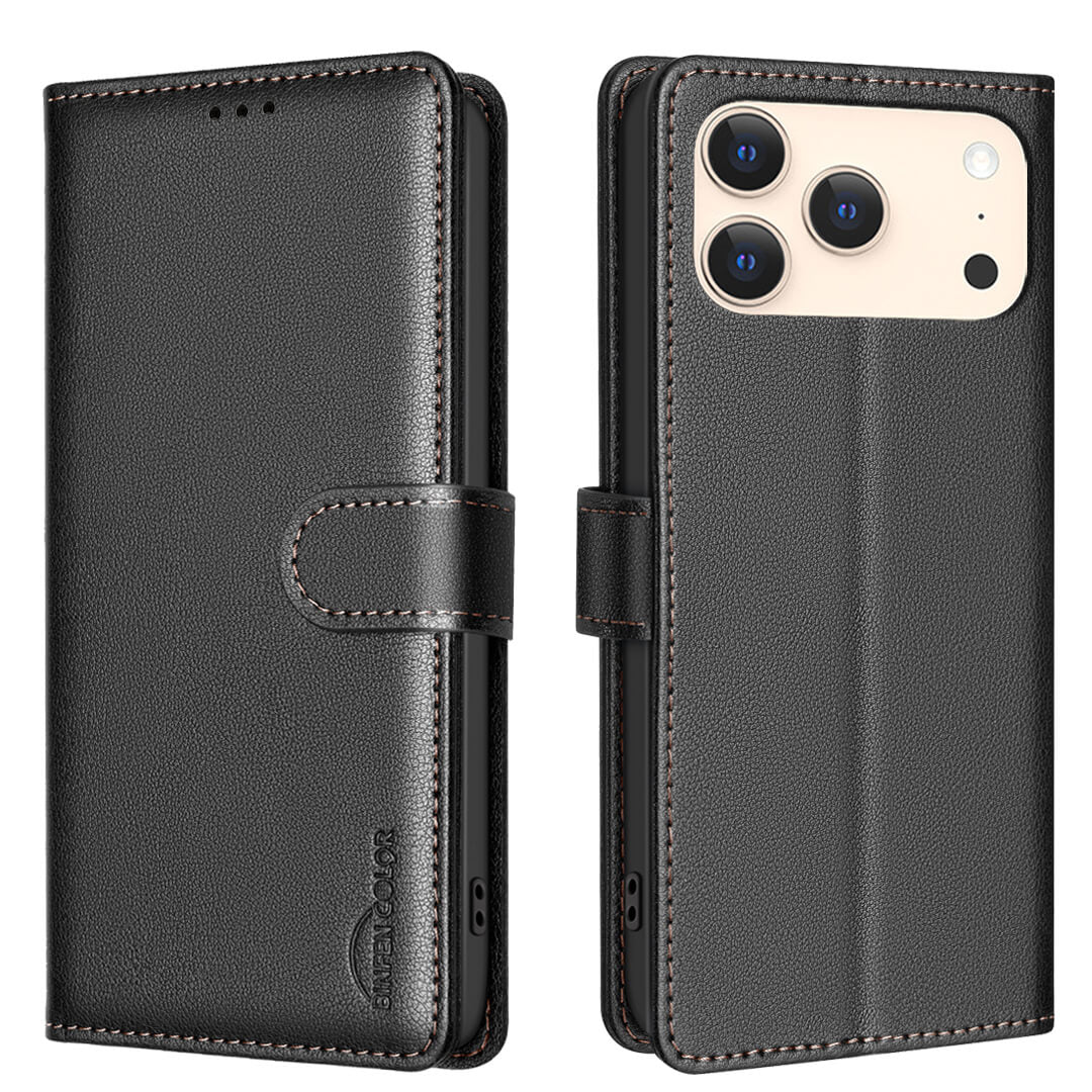 #farbe_schwarz|Die BINFEN Color iPhone 17 Pro Max - BINFEN Leder Etui Hülle mit RFID Blocker wird offen und geschlossen gezeigt und verfügt über einen Kameraausschnitt, einen Magnetverschluss und sicheren RFID-Schutz.
