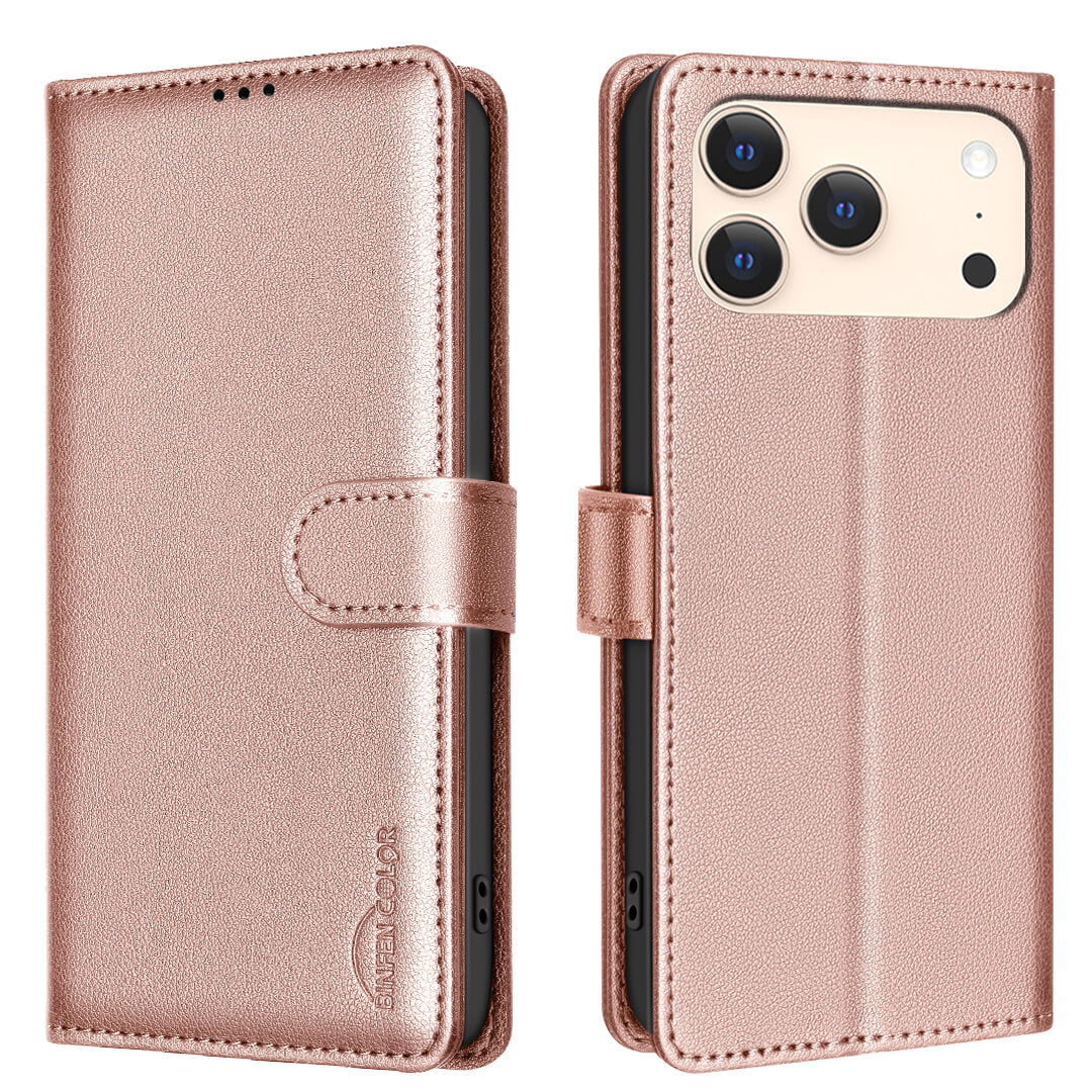 Das iPhone 17 Pro Max - BINFEN Leder Etui Hülle mit RFID Blocker in Rose Gold von BINFEN Color verfügt über einen Magnetverschluss, der sowohl geschlossen als auch geöffnet gezeigt wird, um die Kamera des Telefons anzuzeigen.