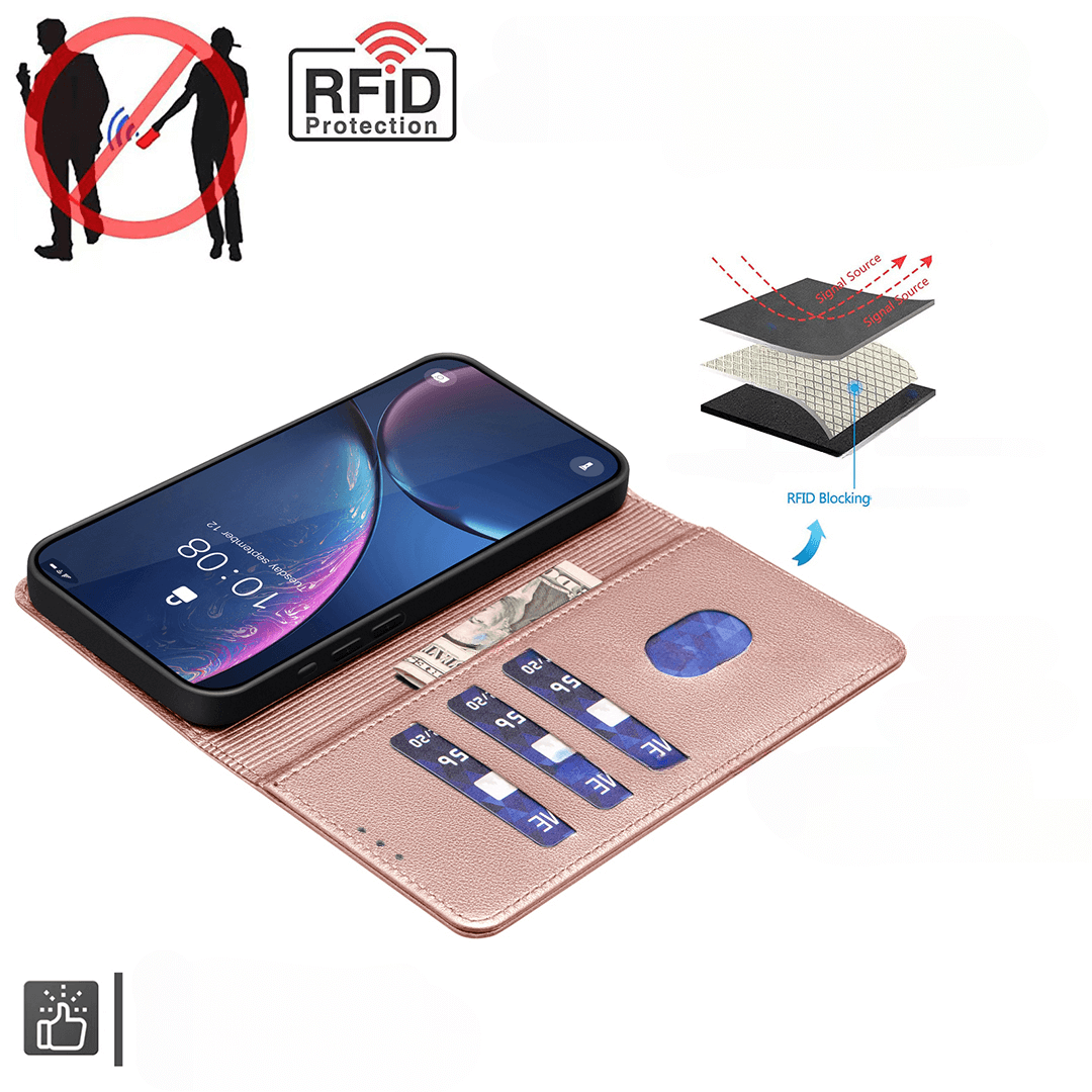 BINFEN Color iPhone 17 Pro Max - BINFEN Leder Etui Hülle mit RFID Blocker in Pink: Geöffnet zeigt die Hülle Kartenfächer, Geldfach, Handy und RFID-Schutzsymbol.