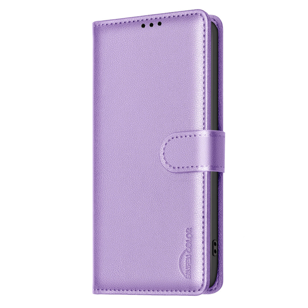 Die BINFEN Color iPhone 17 Pro Max - BINFEN Leder Etui Hülle ist eine geschlossene, lilafarbene, strukturierte Handytasche mit Magnetverschluss und integriertem RFID-Blocker für erhöhte Sicherheit.