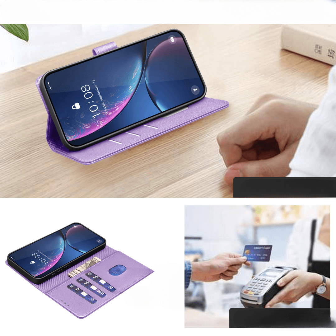 Drei Bilder: die iPhone 17 Pro Max - BINFEN Leder Etui Hülle mit RFID Blocker von BINFEN Color in Lila, sicher aufbewahrte Karten und eine Karte, die zum Bezahlen verwendet wird - das unterstreicht den stilvollen, sicheren Schutz.