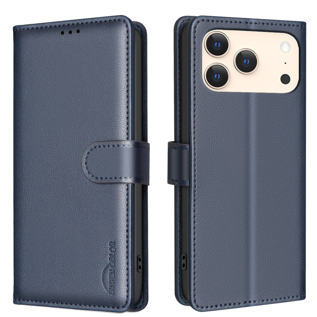 Die BINFEN Color iPhone 17 Pro Max - BINFEN Leder Etui Hülle mit RFID Blocker in Marineblau ist links geschlossen und rechts geöffnet dargestellt und zeigt das schützende Etui-Design.