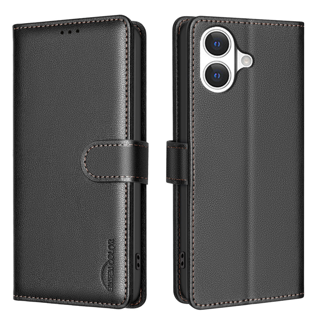 #farbe_schwarz|Das BINFEN Color iPhone 17 - BINFEN Leder Etui Hülle mit RFID Blocker, ein schwarzes Lederetui mit Magnetverschluss und Kartenhalter, wird von vorne und hinten gezeigt.