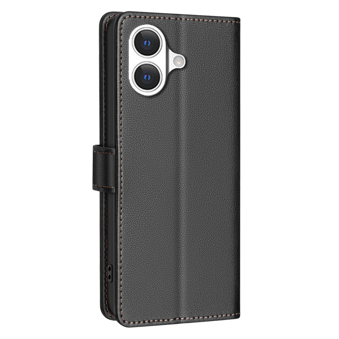 Das BINFEN Color iPhone 17 - BINFEN Leder Etui Hülle mit RFID Blocker ist eine schwarze Lederhülle mit sichtbarem Kameraausschnitt, Magnetverschluss, Standfunktion und Kartenetui - perfekt für stilvollen, sicheren Schutz.