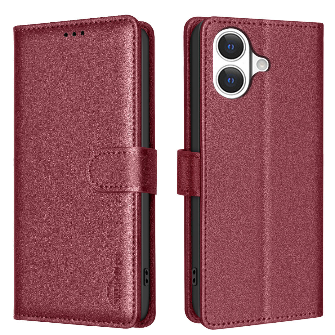 BINFEN Color iPhone 17 - BINFEN Leder Etui Hülle mit RFID Blocker in kastanienbraun, offen und geschlossen, mit zwei Kameraausschnitten und Kartenetui-Design - eine elegante, sichere Handyhülle für Stil und Schutz.