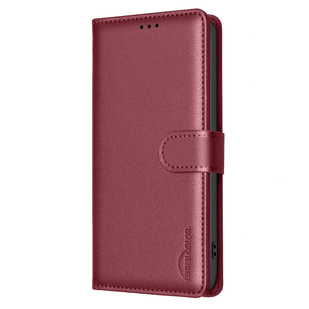 Das BINFEN Color iPhone 17 - BINFEN Leder Etui Hülle mit RFID Blocker in kastanienbraun verfügt über einen Magnetverschluss und ein Kartenetui, hier geschlossen und aufrecht stehend.
