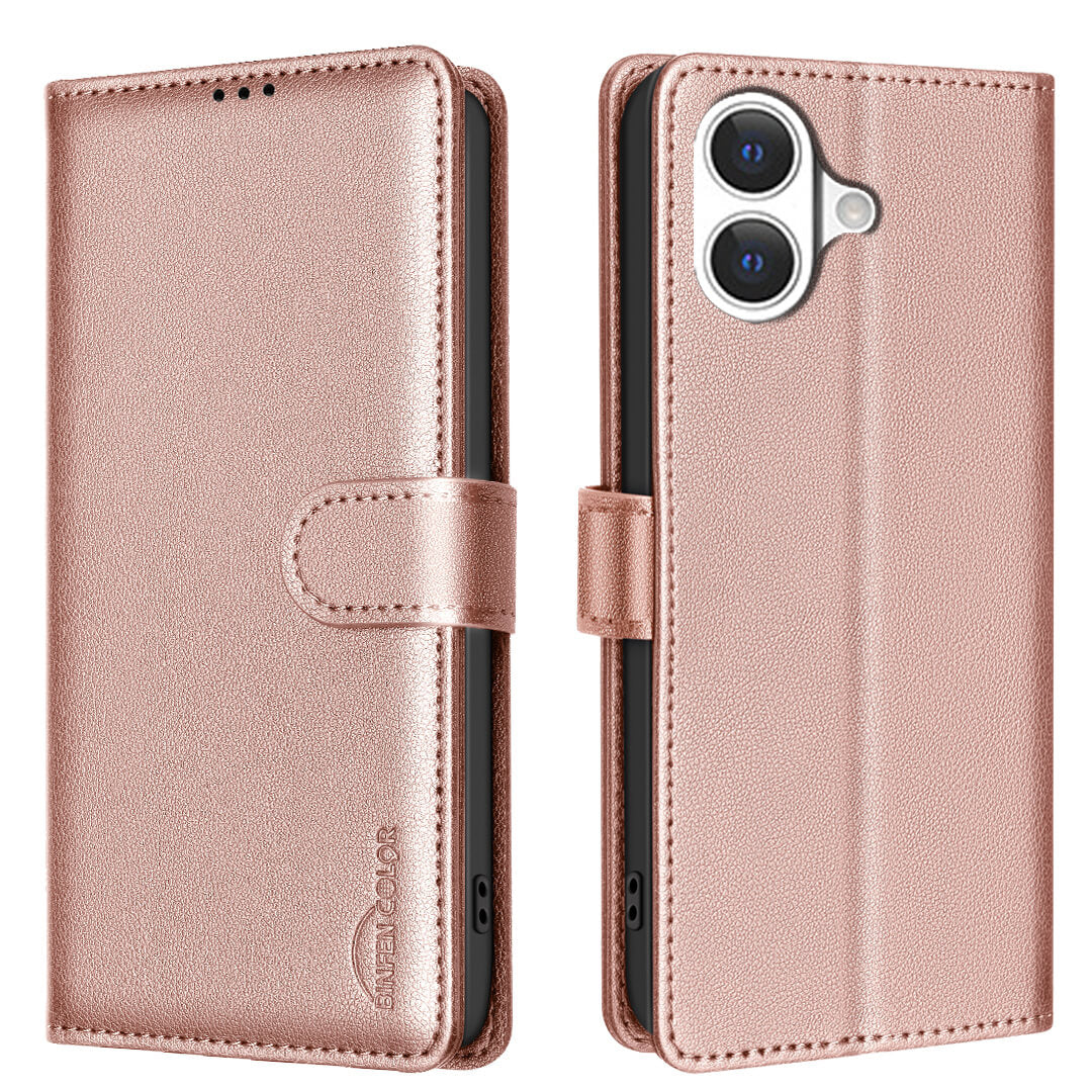 Das BINFEN Color iPhone 17 - BINFEN Leder Etui Hülle mit RFID Blocker in Roségold verfügt über einen Magnetverschluss und sichtbare Kameraausschnitte, hier geschlossen und von hinten.